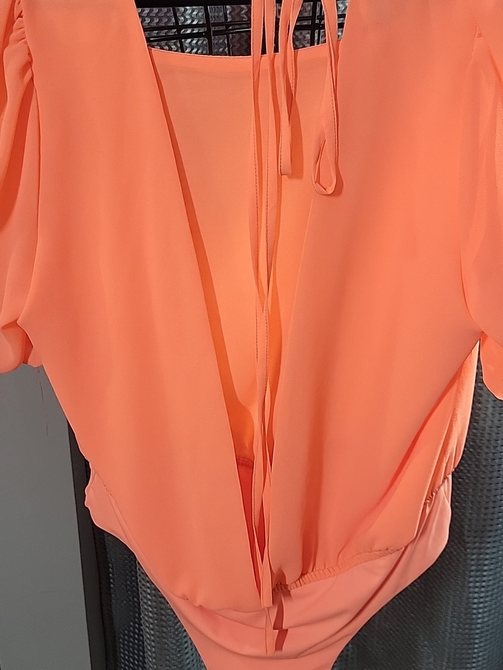 Coral Puff-Sleeve One-Piece Bodysuit with Back Tie - Picture 4 of 4